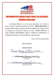 INFORMATIVO RESULTADO DA ELEIÇÃO PARA ESCOLHA DA DIRETORIA CONSELHO FISCAL DO SINSEP TIMON-MA TRIÊNIO 2024/2027